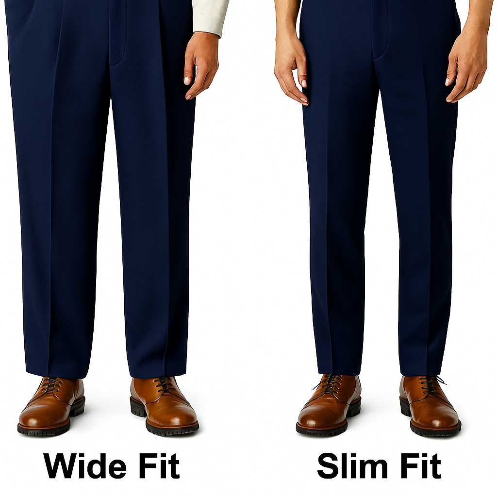 Men's slack comparison showing slim vs wide pant width for style and comfort. What pant fit is in style for men? Slim fit or wide fit mens pants.