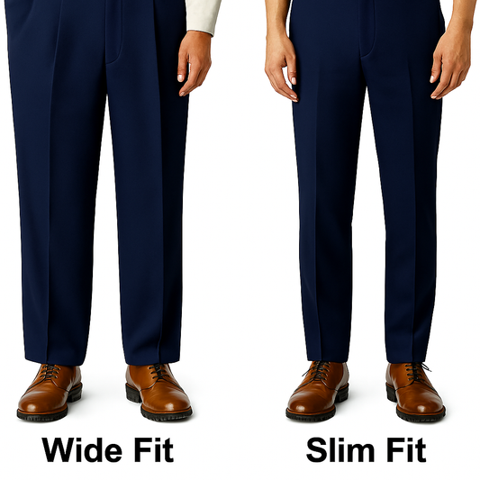Men's slack comparison showing slim vs wide pant width for style and comfort. What pant fit is in style for men? Slim fit or wide fit mens pants.